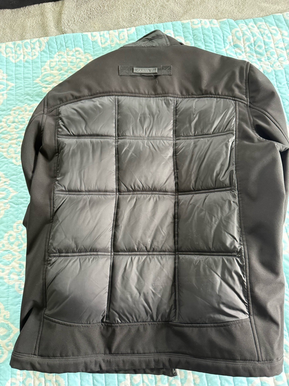GUESS Puffer Jacket Black Quilted Zipper Logo Band Collar Lightweight Size XL