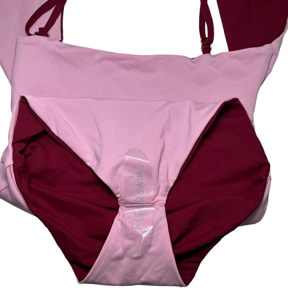 NWT FLEURSWIM Wine Red / Light Pink One Piece Square Neck Tie-Back Size: Small