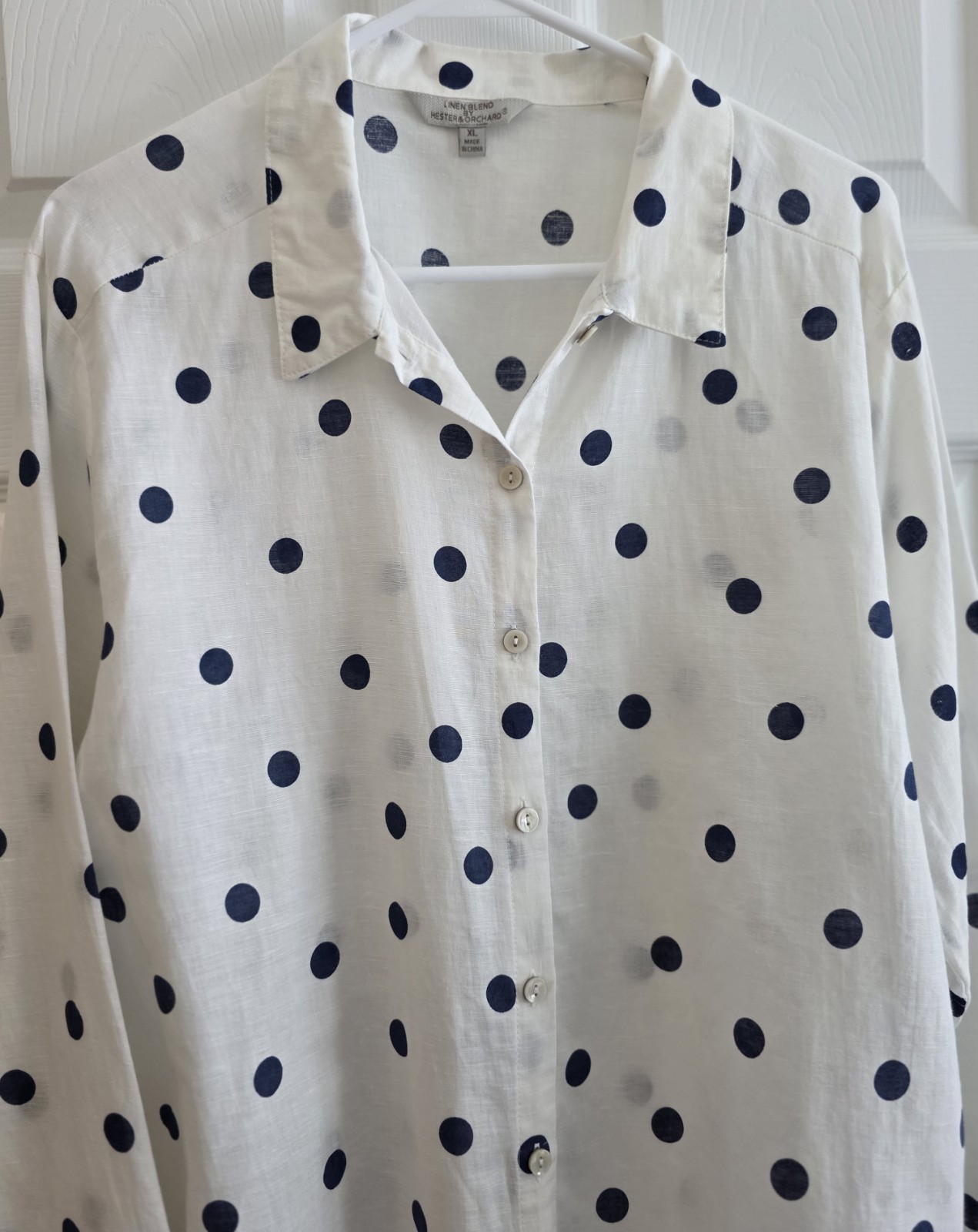 Hester & Orchard Linen Blend XL Blouse White Navy Polka Dots Long Sleeves Summer