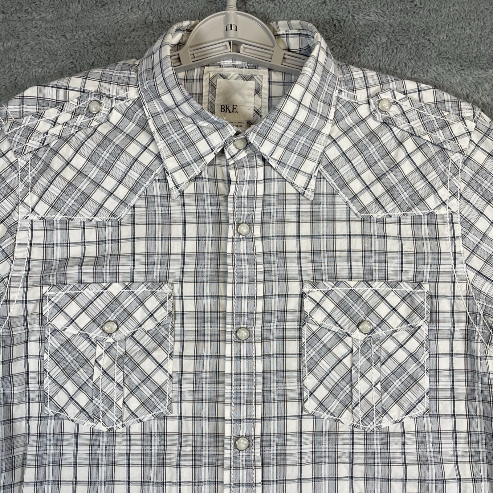Bke Buckle Pearl Snap Shirt Men Medium Gray Plaid Slim Fit Cowboy Western Ranch