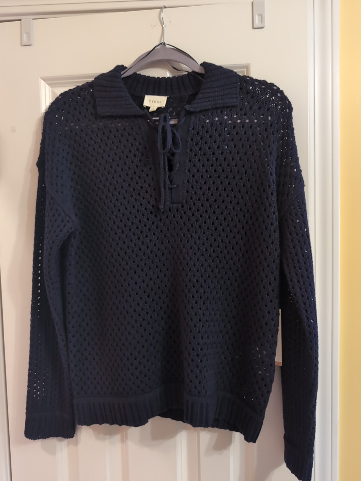 NAVY Blue PULL OVER SWEATER TEXTURED CROCHET COTTON BLEND WOMEN SZ Small,New