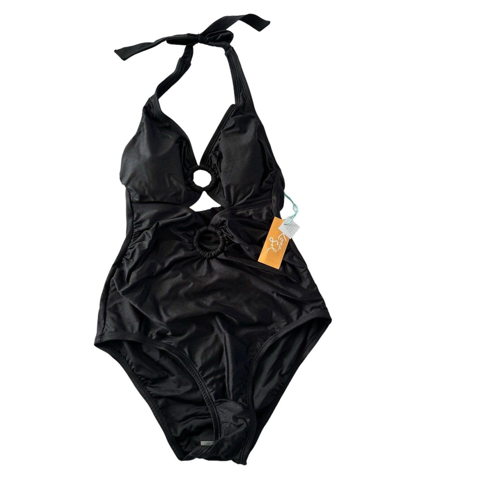 NWT Kona Sol Medium Black $40 Double Ring CutOut Halter One Piece Swimsuit #7247
