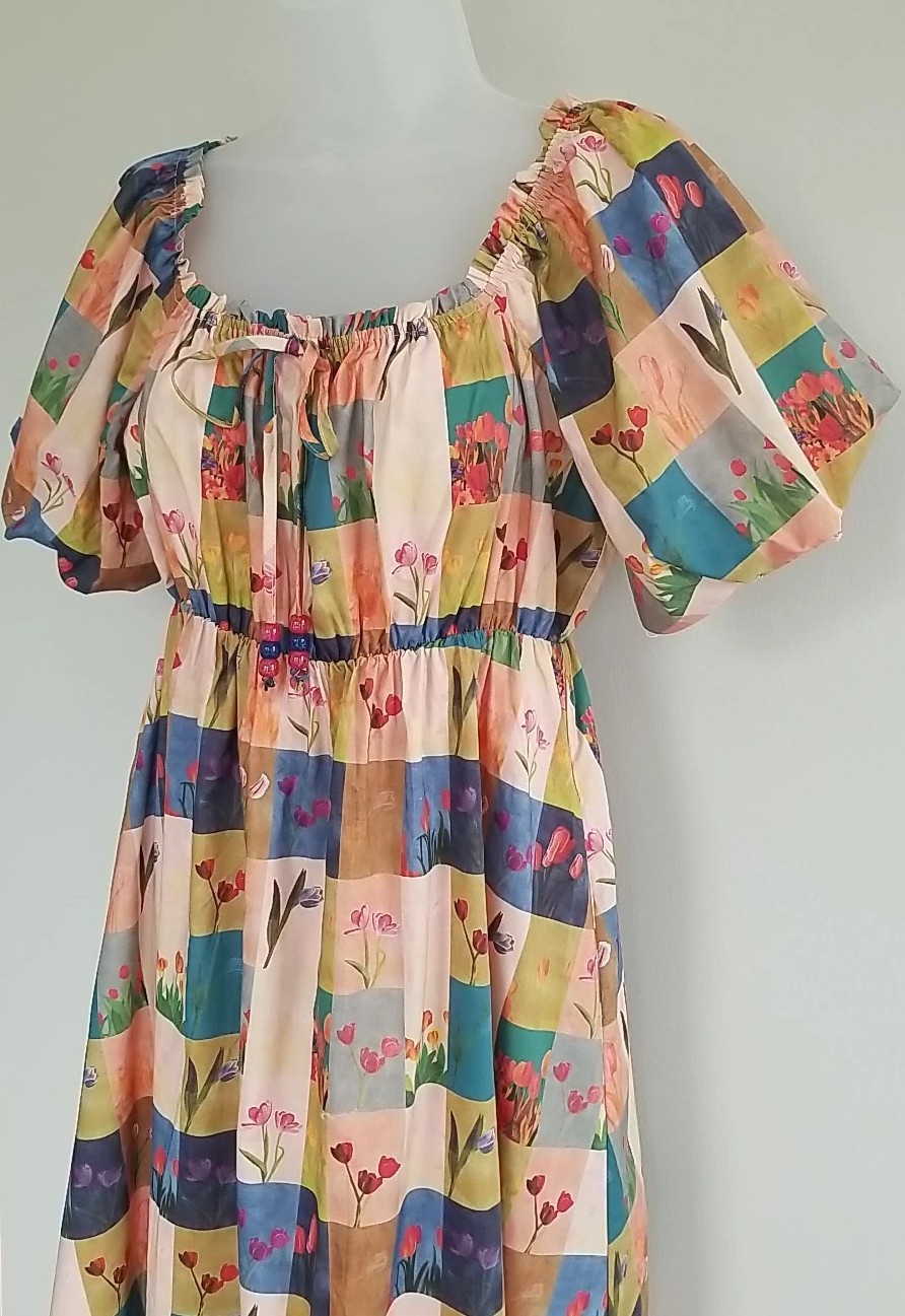 Davi & Dani Checkered Tulip Print Midi Dress NWT Spring Floral Beaded Tie Neck