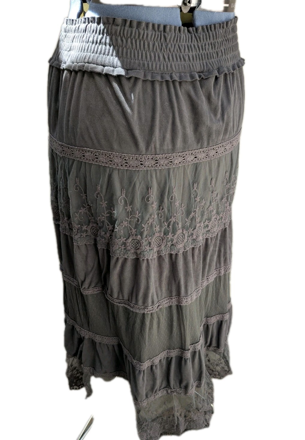 Dark Gray Gothic Witch Tiered Lace Skirt Built-In Corset Waist Belt