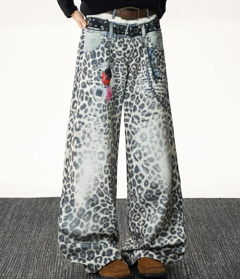 Men’s Leopard Denim Jeans Straight Leg Casual Pants Casual Punk Hip Hop Fashion