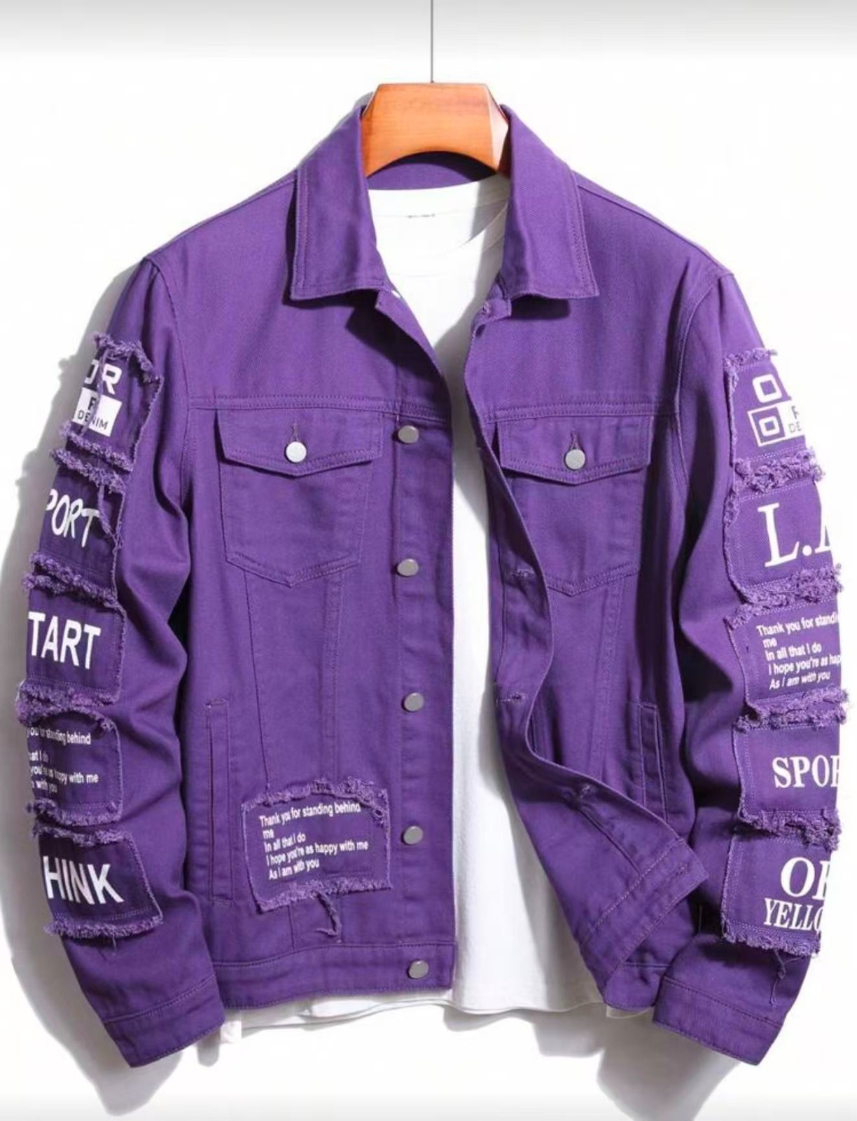 Men’s Yellow Denim Jacket Slogan Letter Print Cotton Streetwear