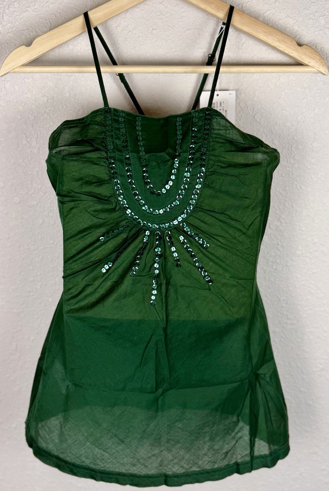 Generra NWT Emerald Green Sequin Cami Tank Top XS Cotton Boho Y2K Festival