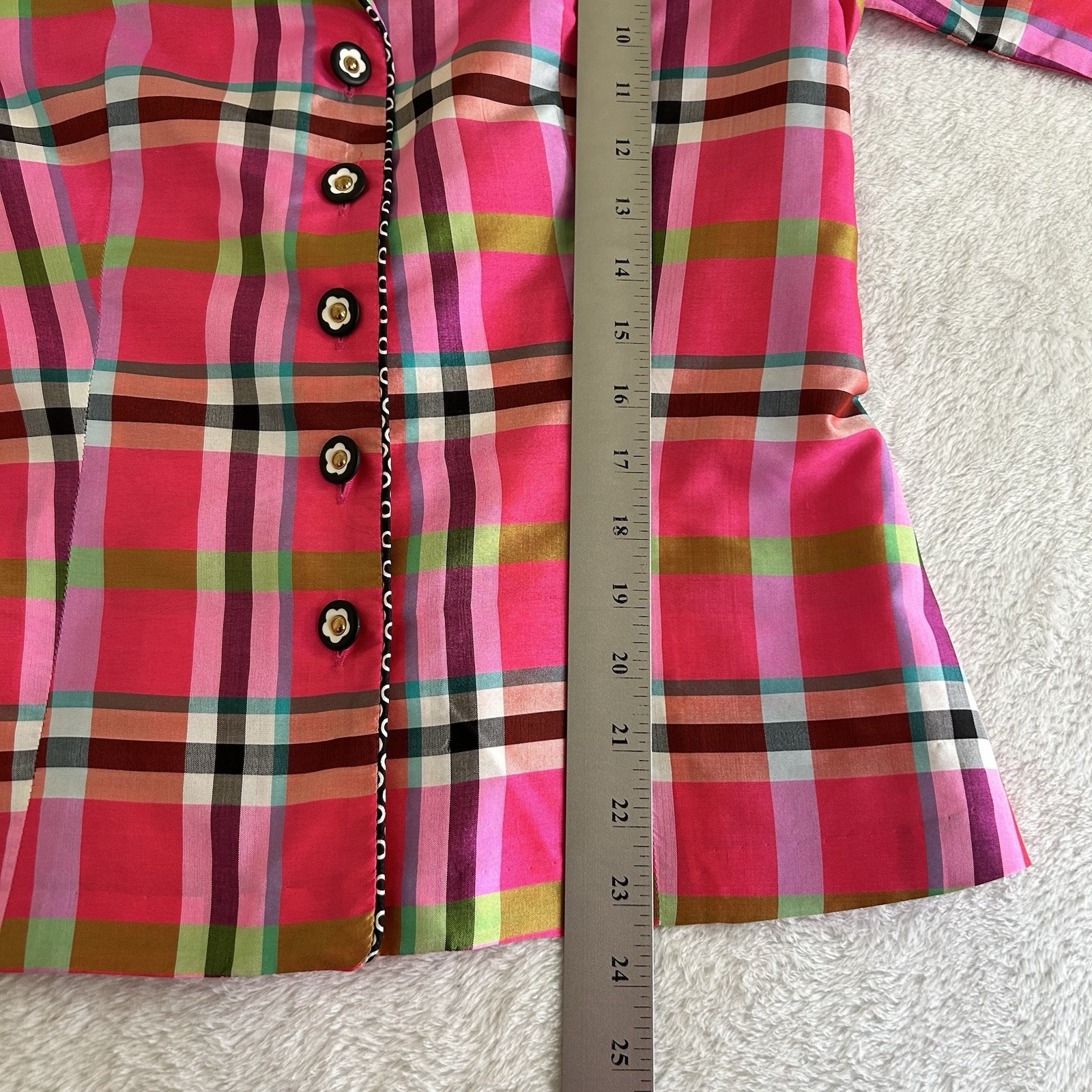Marisa Baratelli Womens Blouse Size 4 Pink Plaid Button Up Collar 100% Thai Silk