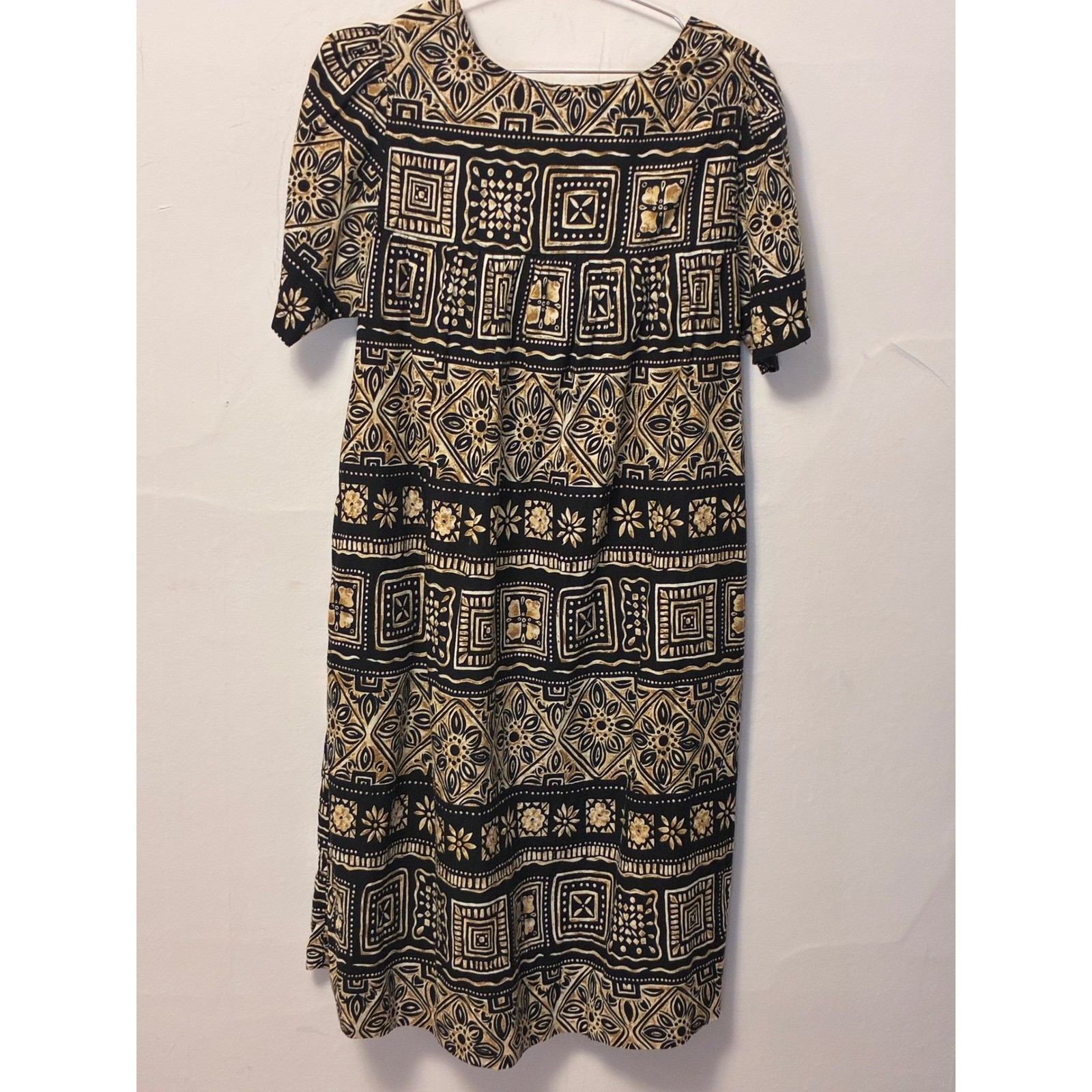 Vintage La Cera Cotton Batik Print Midi Dress Black Tan Geometric Pockets Medium