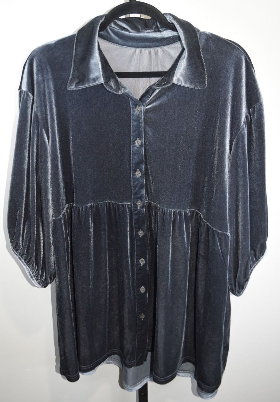 Slate Gray Velvet Babydoll Blouse, Balloon Sleeve Button Front Peplum Top, 3X