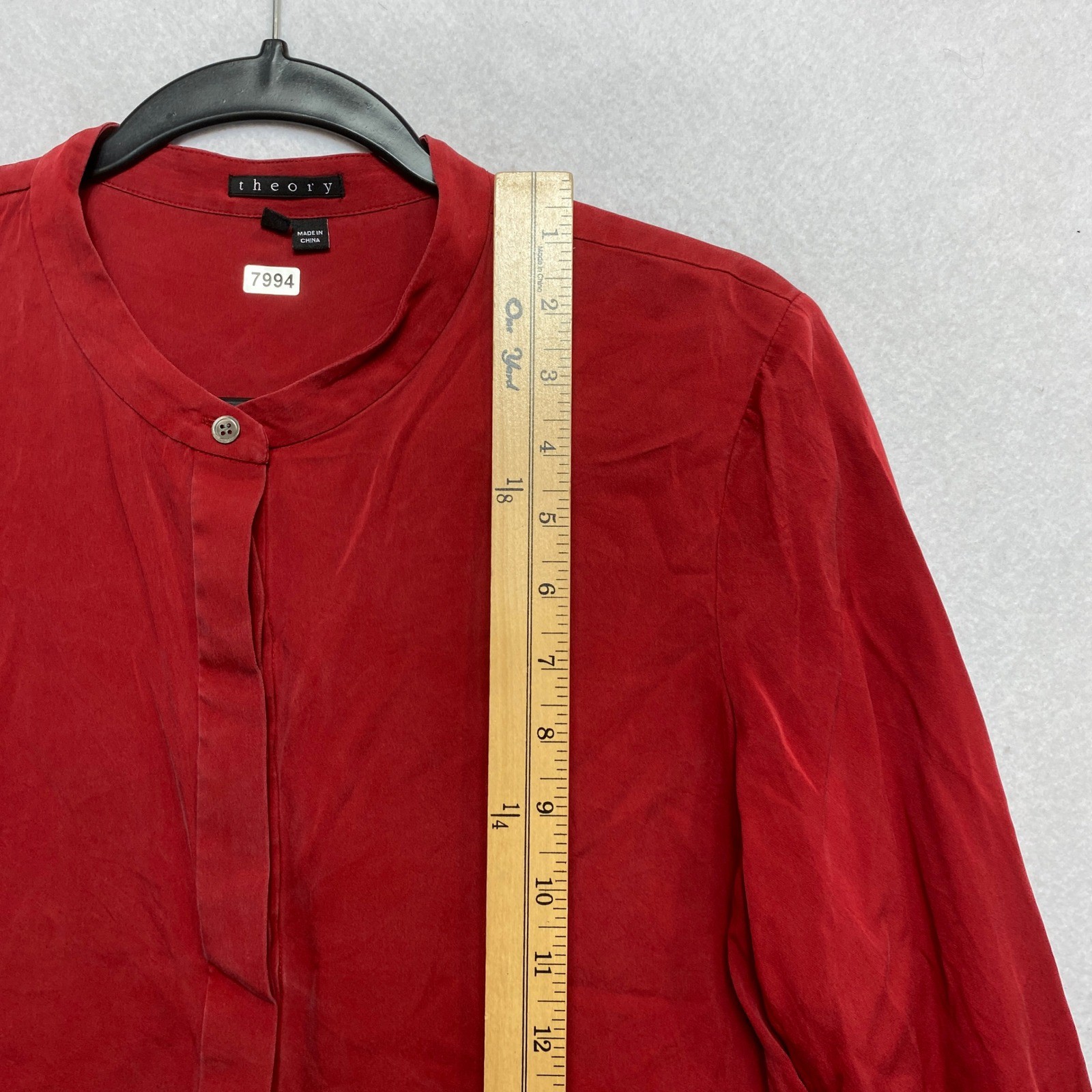 Theory Shirt Womens M Red Long Sleeve Mandarin Collar Button Front Silk Blend