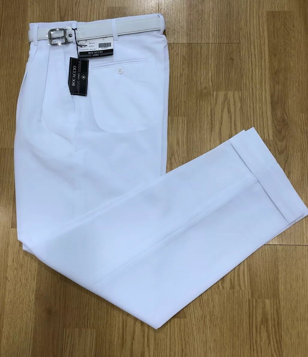 MEN’S WHITE PLEATED DRESS PANTS SLACKS TROUSERS WHITE BELT CUFFED BOTTOMS NEW
