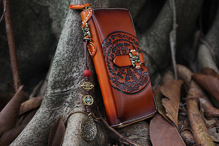 Leather Long Wallet Carved Hand Tooled Zip Around Clutch Purse +Amulet Pendant