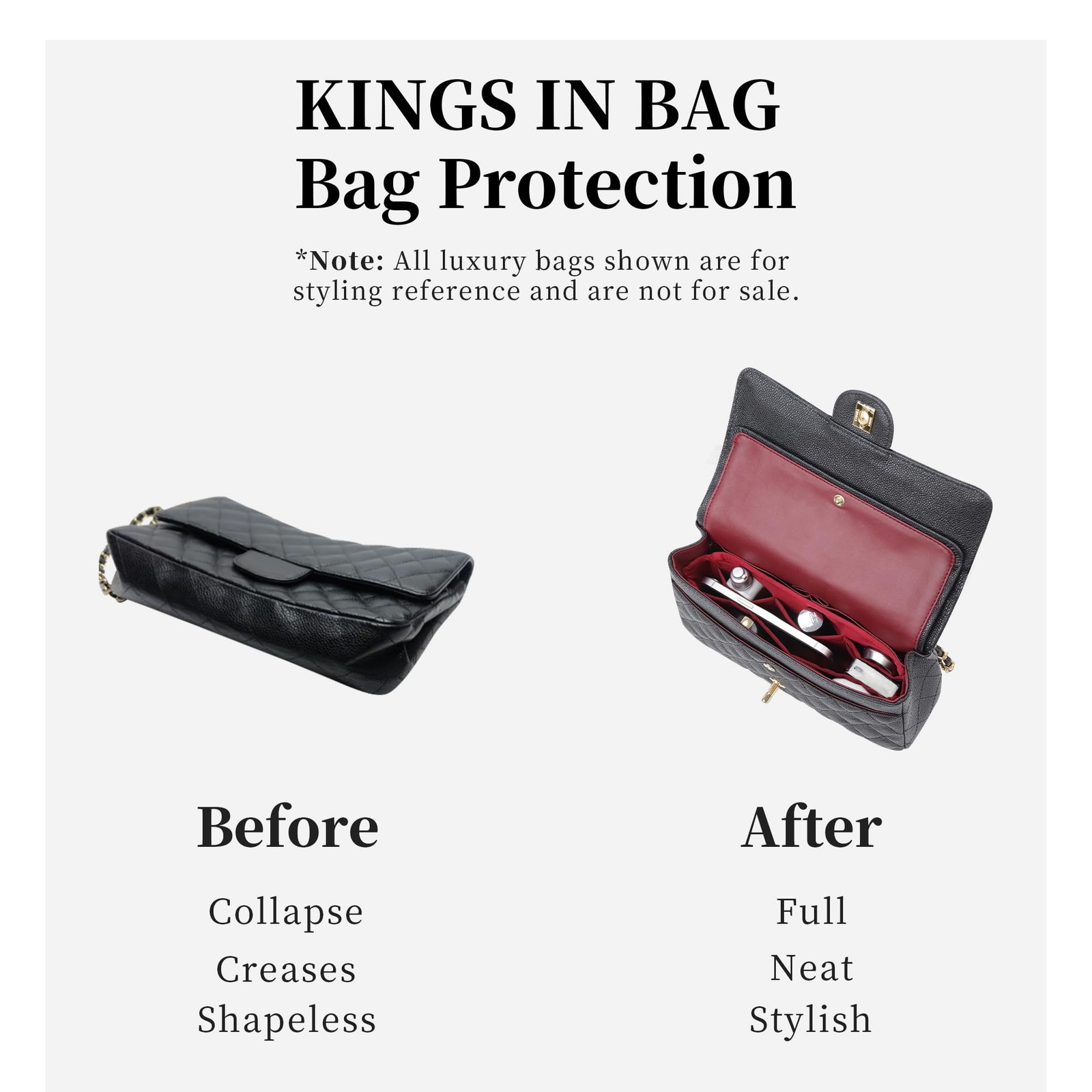 KINGS IN BAG Purse Organizer for Chanel Mini Classic Flap, Black