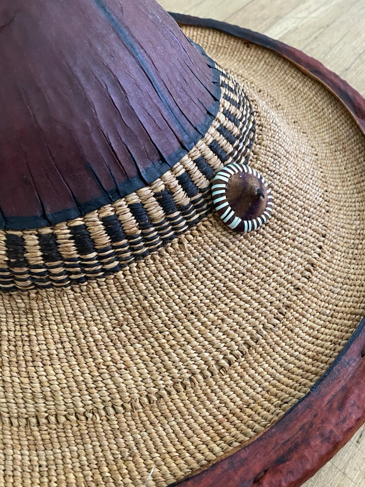 Antique African Ghanaian Hat ~ Traditional Conical Woven Straw & Leather ~19in