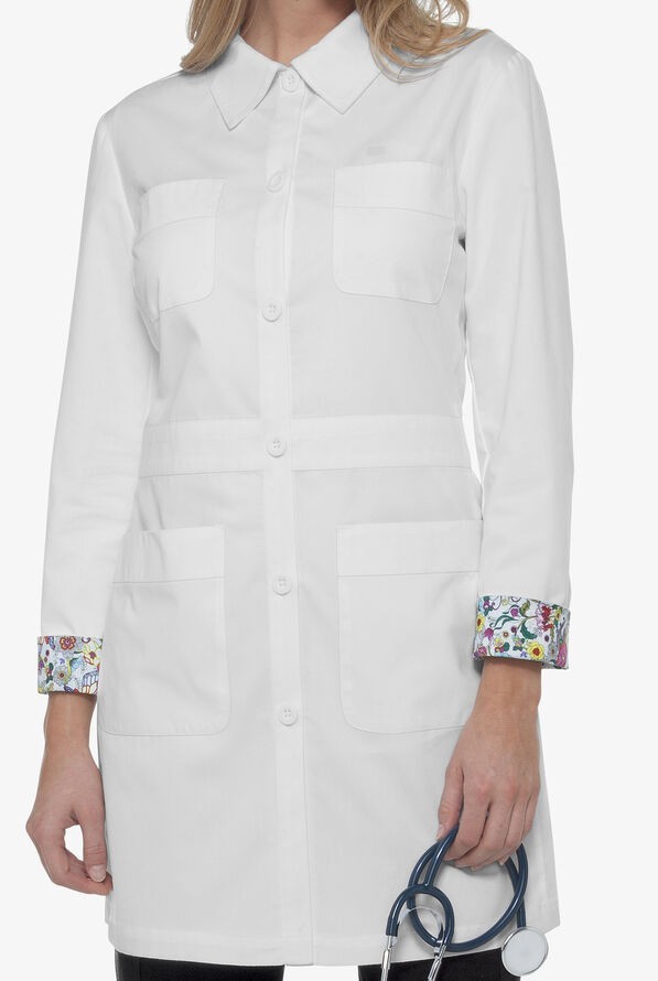 KOI FINE TWILL WOMENS 35 ¾” 4-POCKETS LAB COAT IN WHITE IN ALL SIZES STYLE # 491