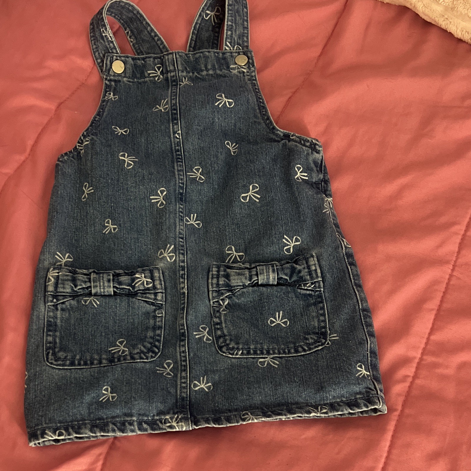 The Children’s Place Girls 5T Blue Denim Overall Dress Bow Print Pockets Square