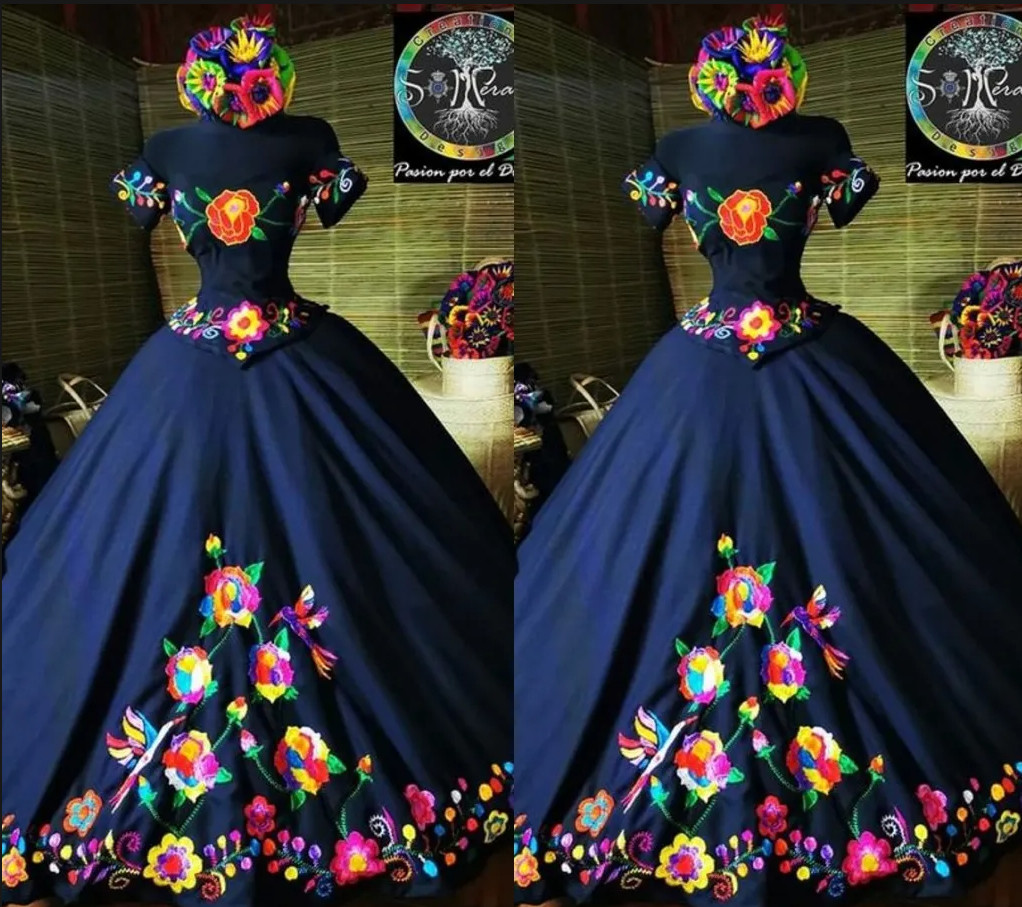 Mexican Embroidered Quinceanera Dresses Colorful Off Shoulder Sweet 16 Prom Gown
