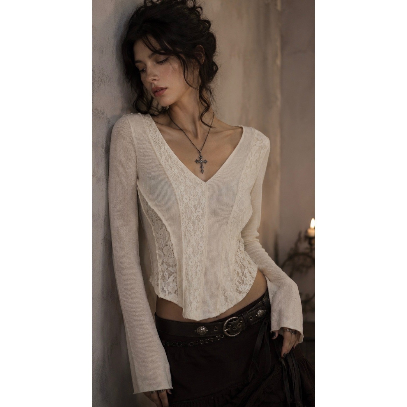 POL Cream Thermal Lace Panel V-Neck Long Sleeve Top whimsy Boho Coquette Medium