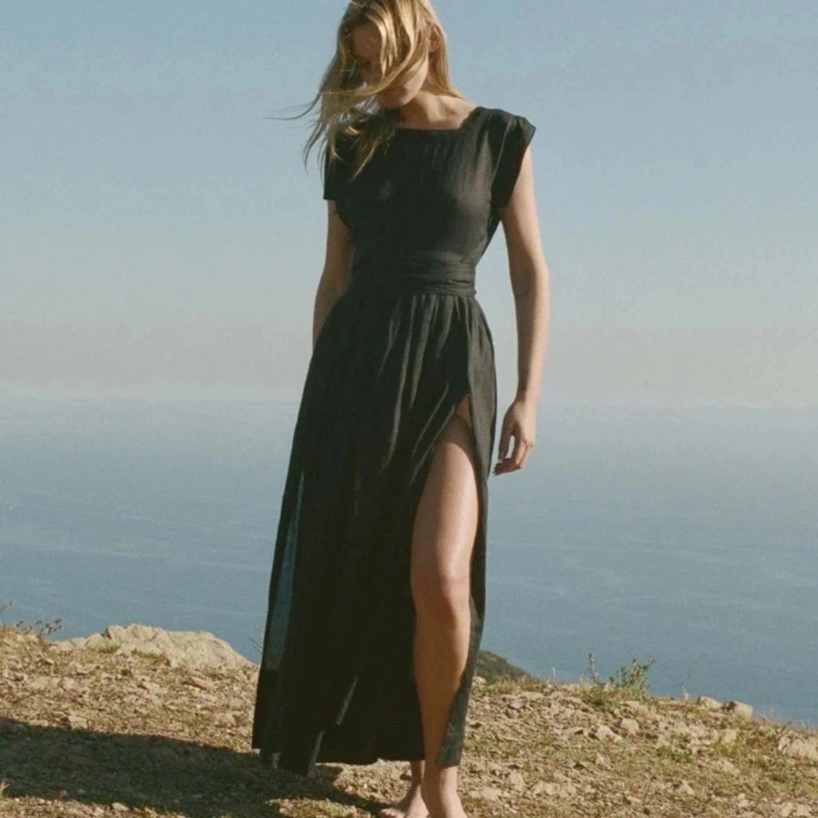 Doen Pacifica Wrap Dress Small Black 100% Ramie Romantic Boho Chic