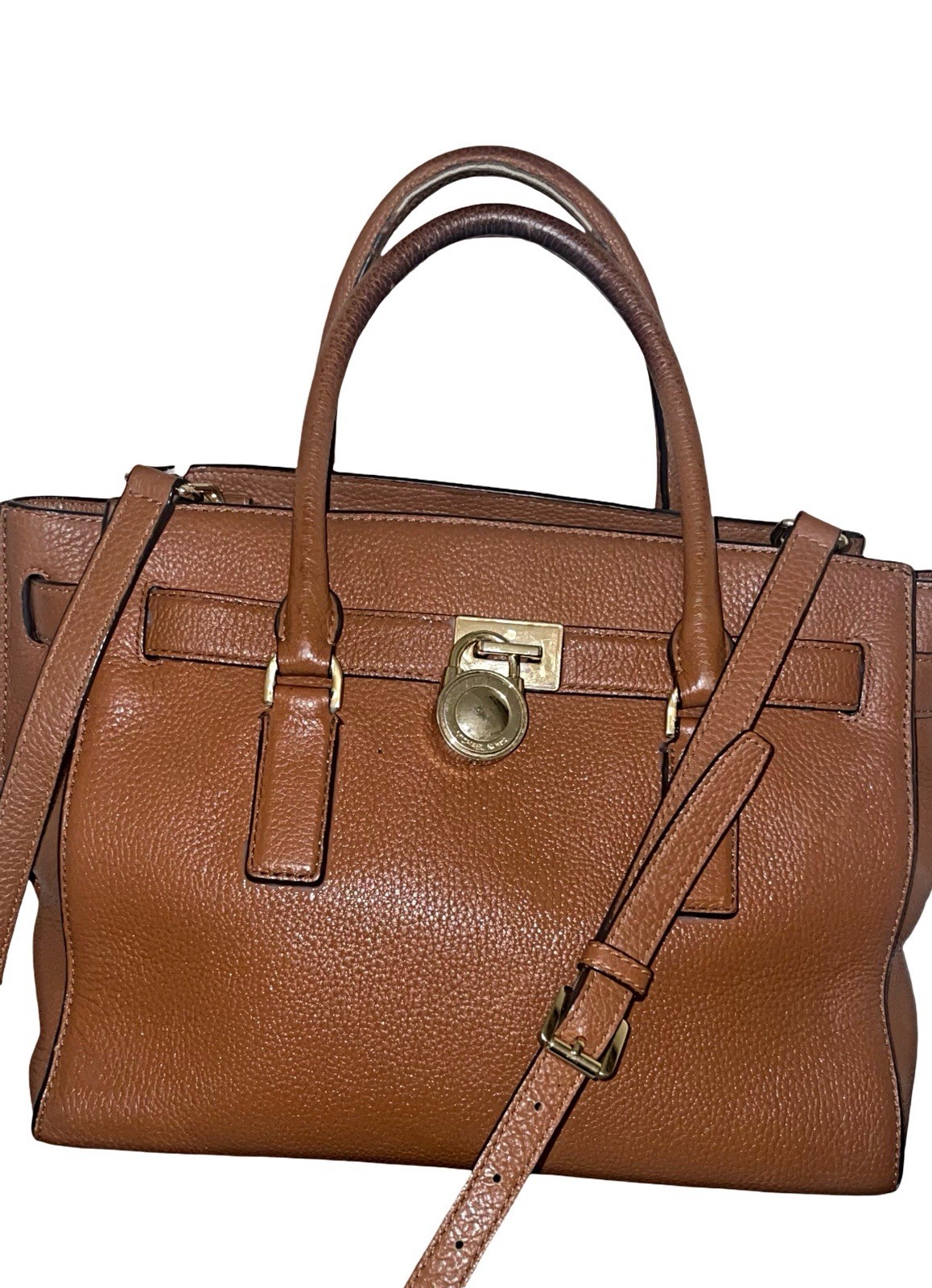 Michael Kors Hamilton Satchel Leather Bag Brown Gold Chain Emblem Excellent Cond