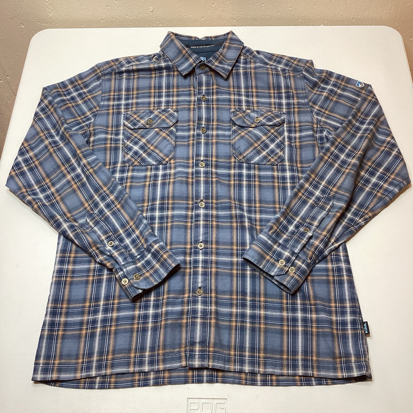Kuhl Dillingr Blue/Gold Plaid Flannel Men’s Long Sleeve, Style 7186 – Size Med