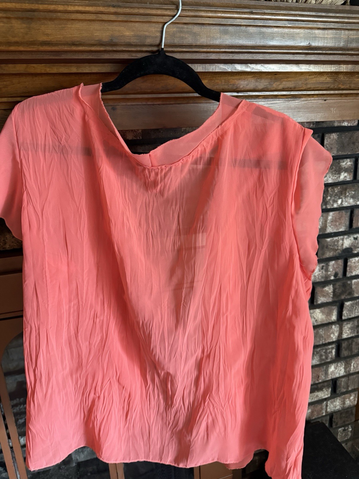 Robert Louis Pink L Boat Neck Short Sleeve Lace Ruffle Sheer Button Blouse