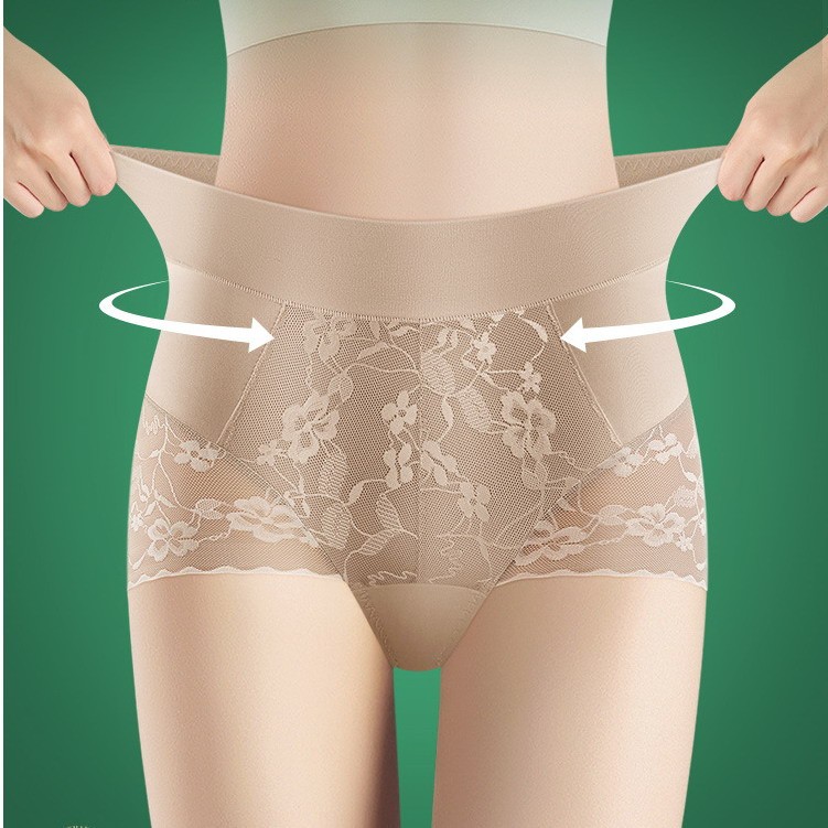 Women High waist Briefs Ice silk Floral Tummy control Seamless Underwear 76321