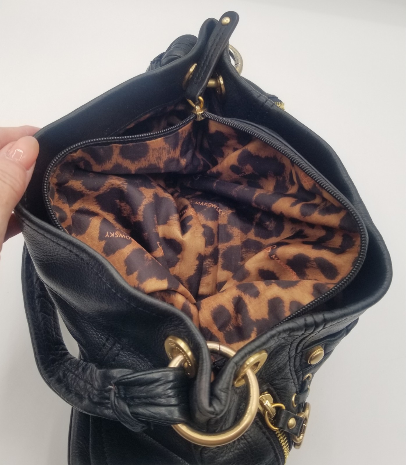 B Makowsky Black Pebble Leather Hobo Bag Gold Hardware Corset Lace Up, Side Zips