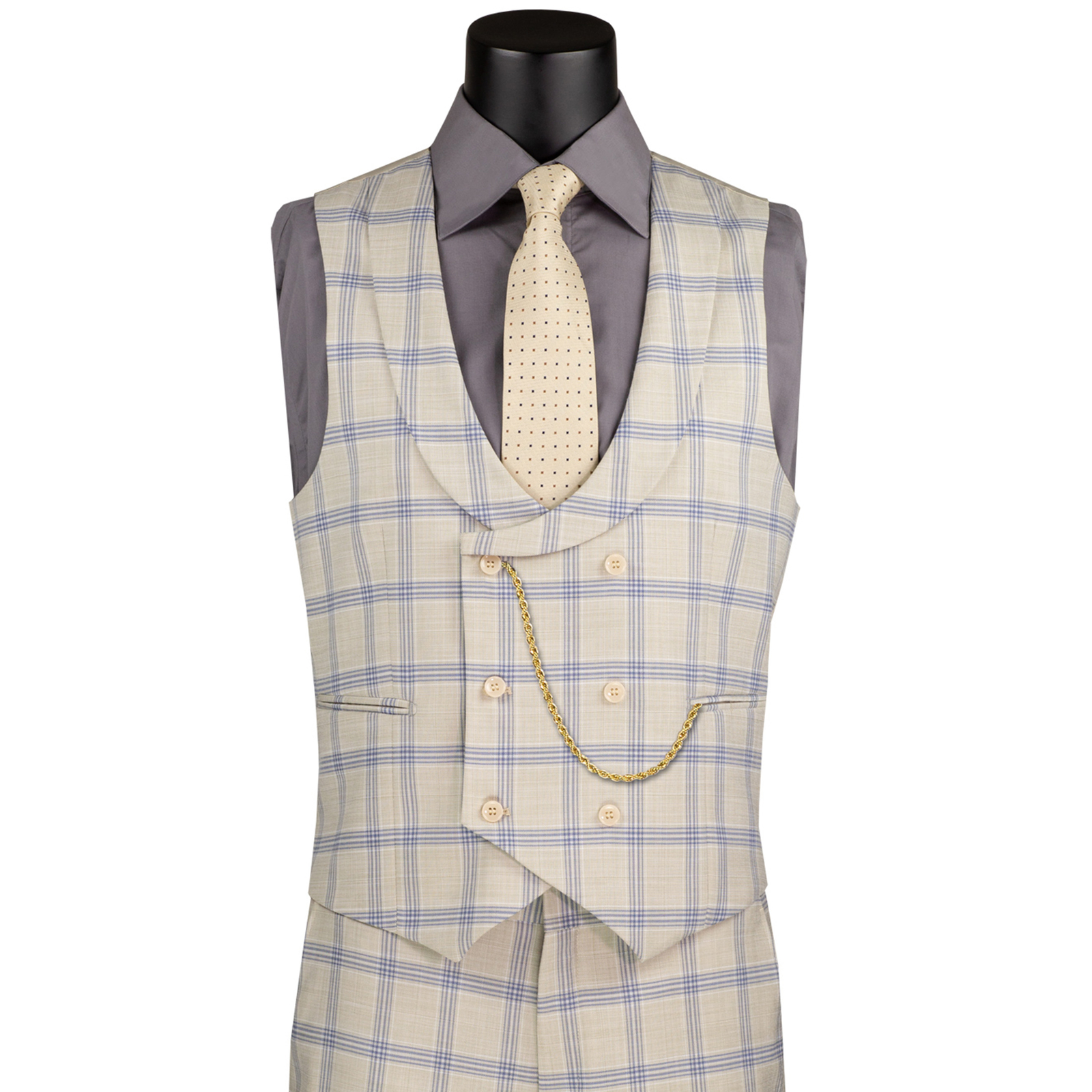 VINCI Men’s Light Beige Windowpane 3pc Stretch Modern Fit Suit – NEW