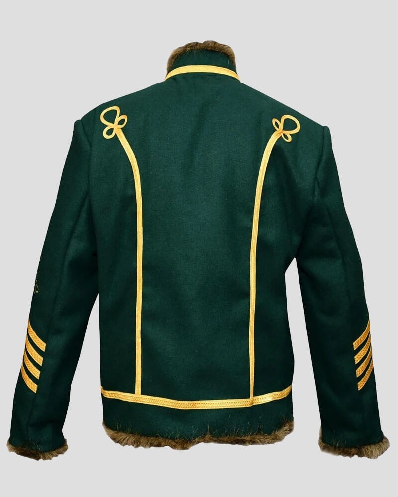 Premium Jimi Hendrix Style Green & Gold Hussar Military Parade Jacket with Fur T