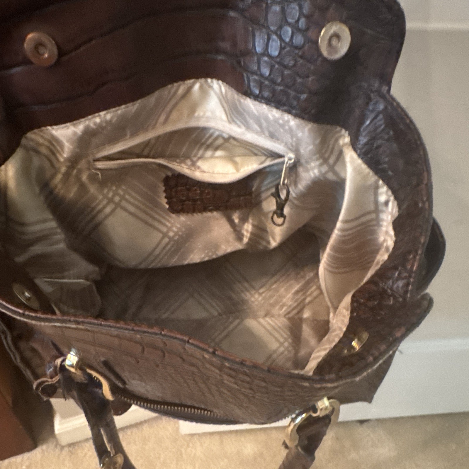 Brown Croc-Embossed Large Satchel Top Handle Bag, Zip Closure, Outer Pockets