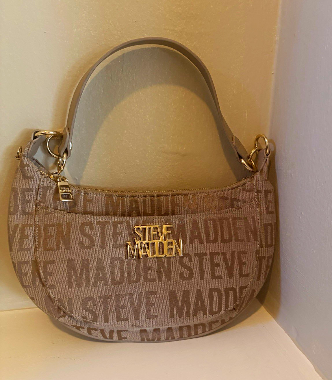 Steve Madden Beige Logo Print Mini Shoulder Bag Zip, Detachable Strap, Lined