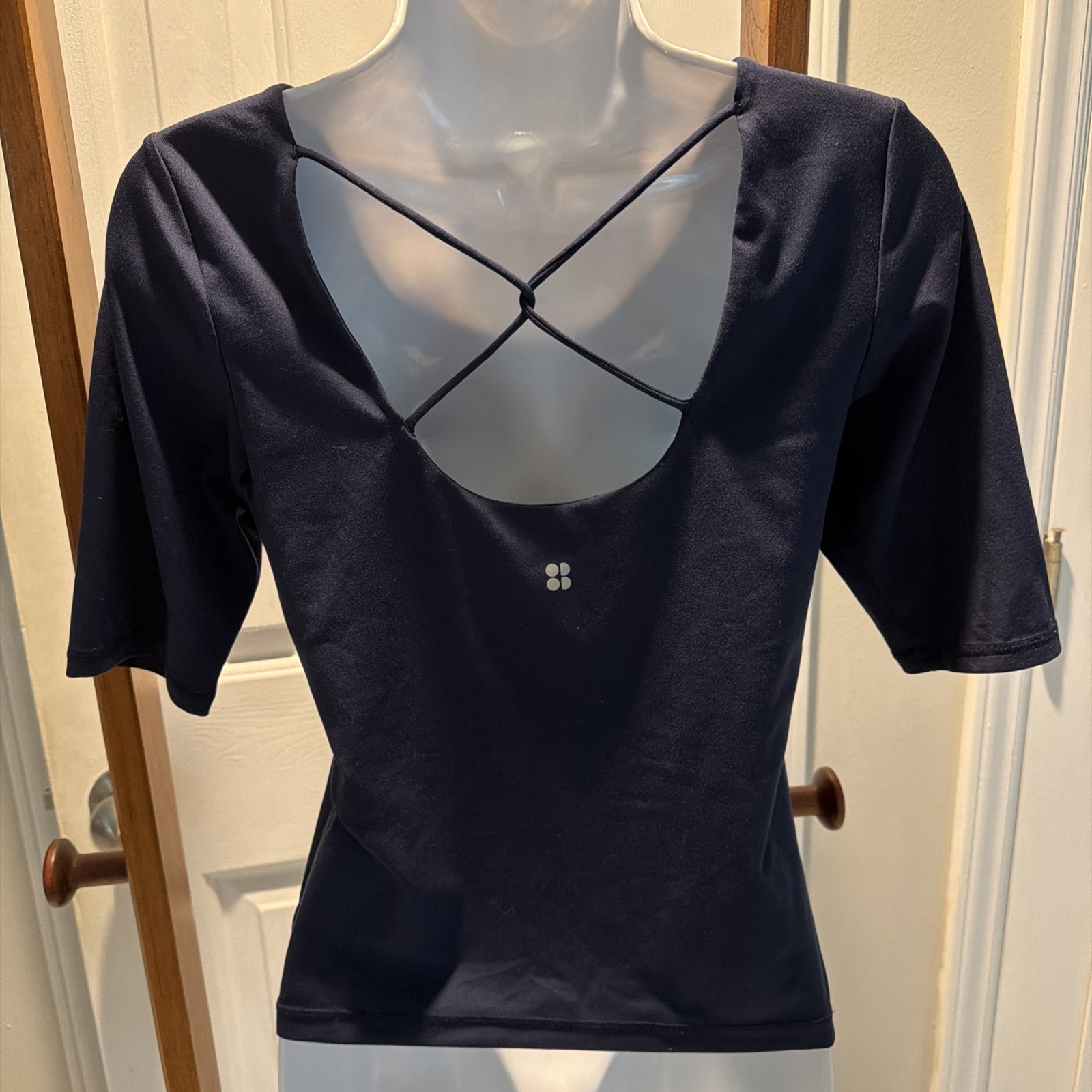 Sweaty Betty Medium Top Blue CrissCross Back U Neckline Short Sleeve Cotton NWOT