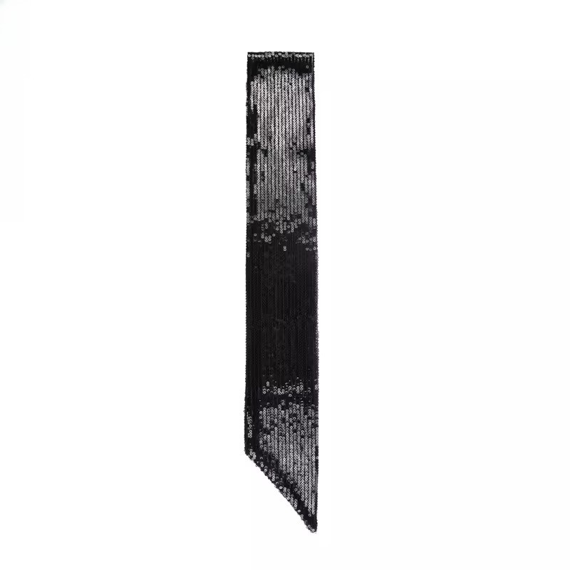 Short Scarf Tie, Black, Angled, Sequin, Hair/Bag Accessory, W3.54in*L45.28in