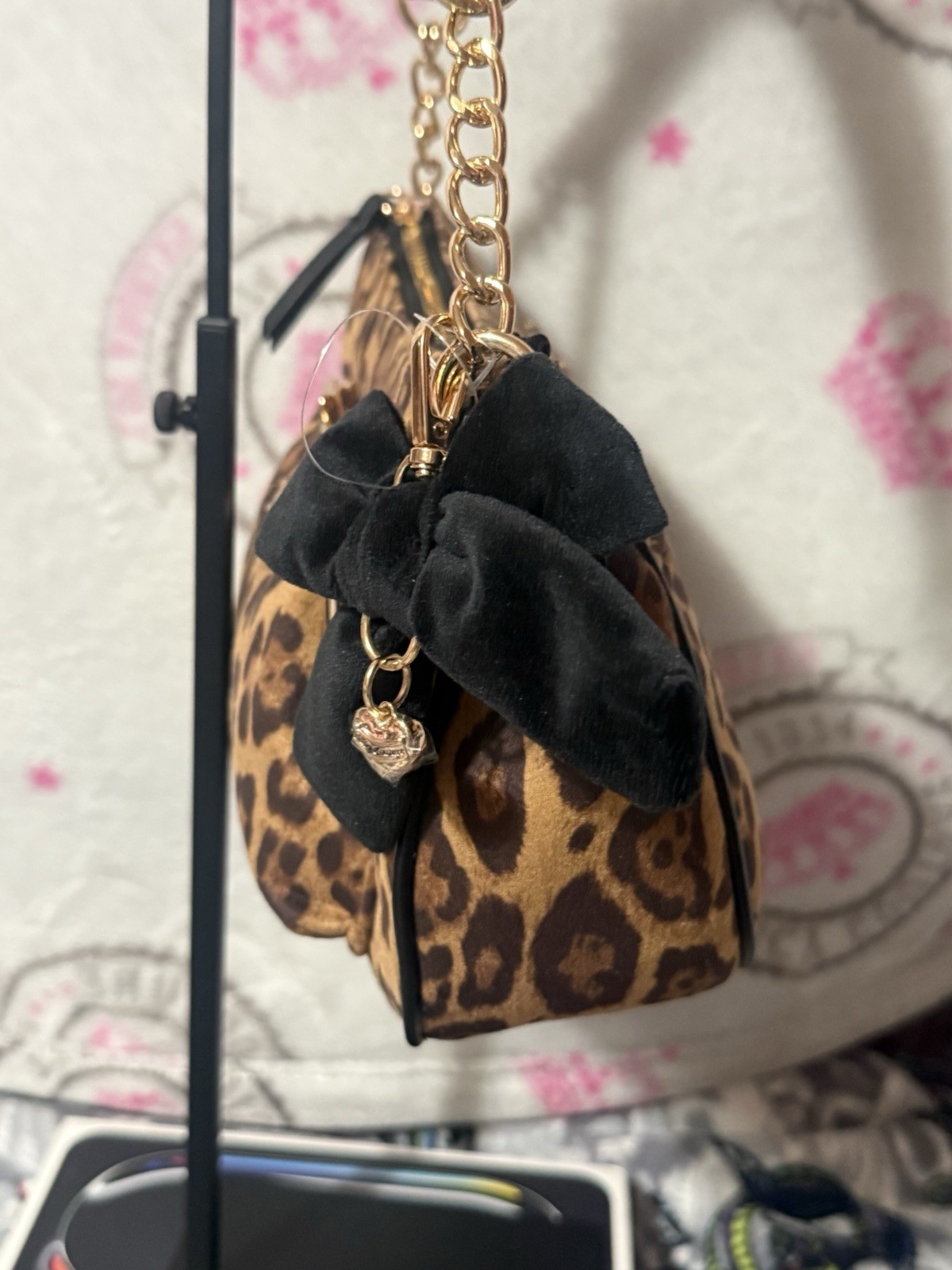 Juicy Couture Leopard Print Shoulder Bag Brown Black Bow Charm Zip Chain Pockets