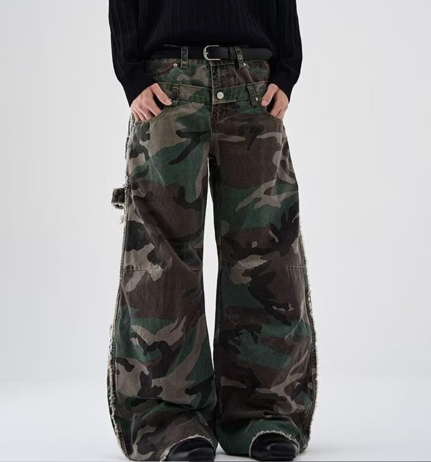 Men’s Straight Leg Army Green Camouflage Pockets Casual Punk Hip Hop Trousers