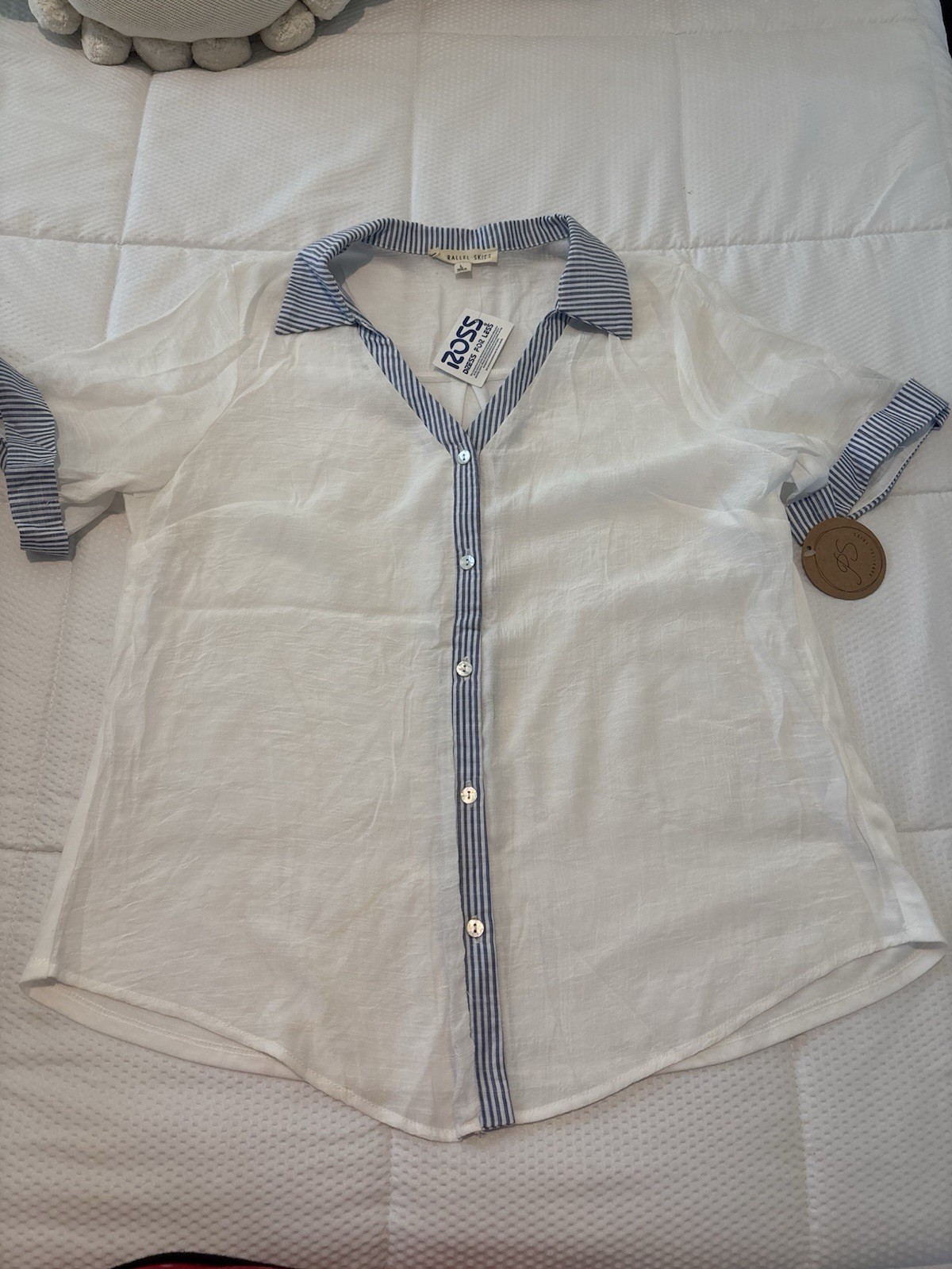 Parallel Skies Women’s White/Blue Striped Collared Button Front Blouse Size L