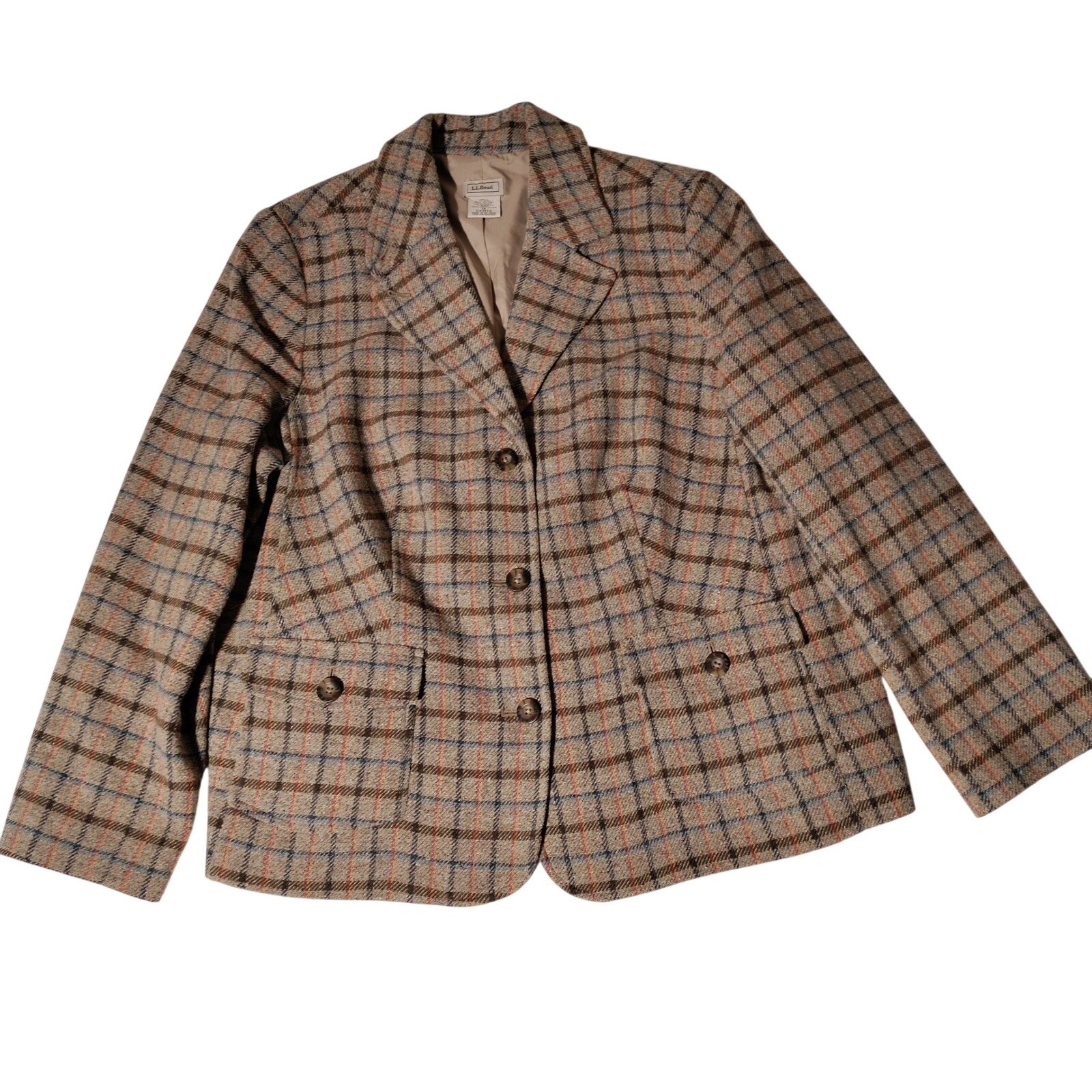 LL Bean Womens Plaid Wool Silk Blend 3-Button Blazer Jacket Brown Tan Sz 1X