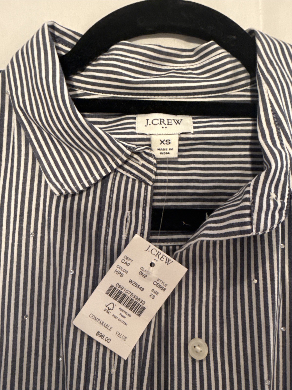 J Crew Blue & White Striped Rhinestone Studded Button Down Shirt Women’s Size XS