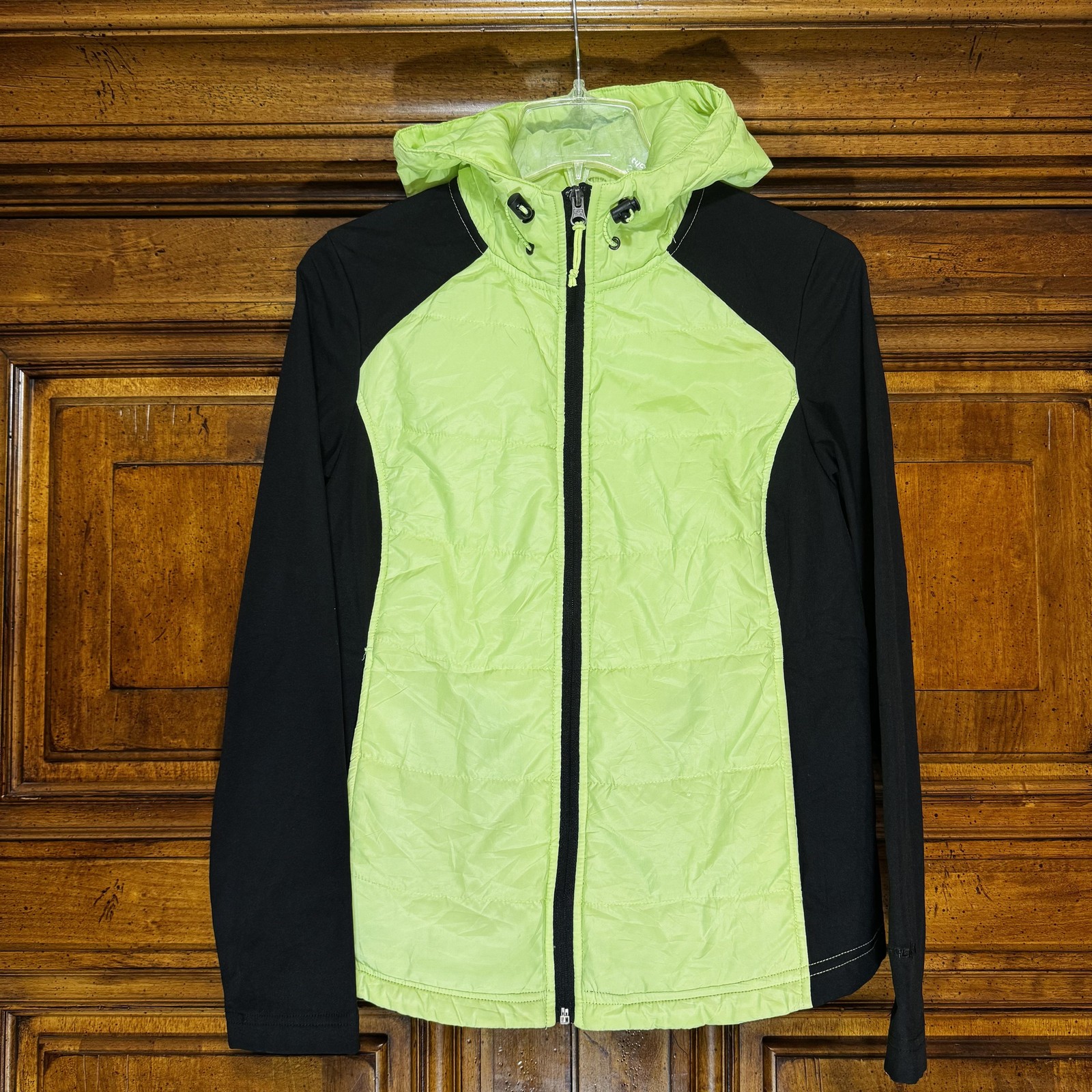 FreeTech Jacket Womens S Neon Yellow Black Hooded Softshell Puffer Full Zip