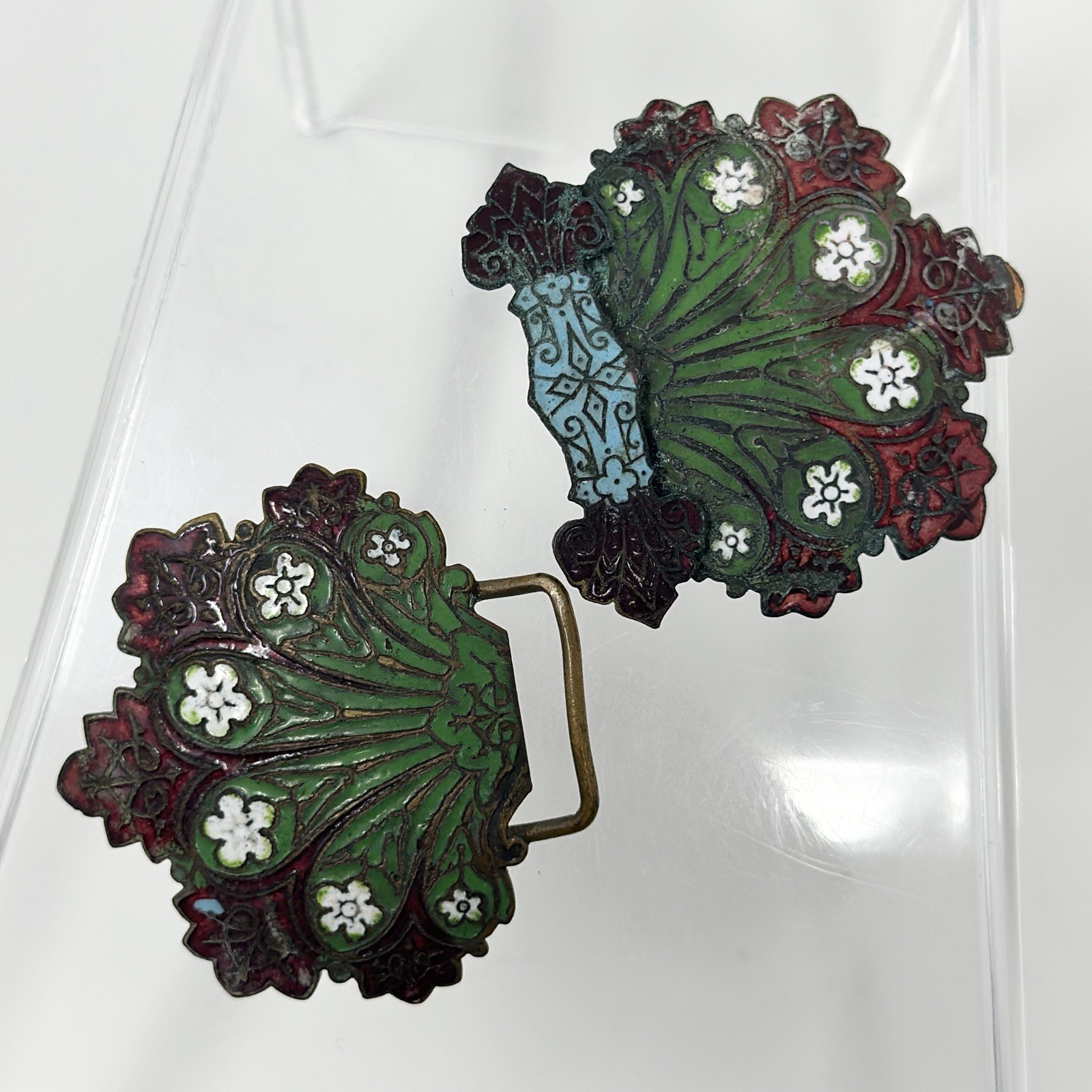Antique Art Nouveau Chinese Two Part Ginbari Cloisonné Enamel Brass Belt Buckle