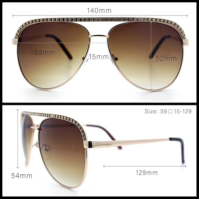 SA106 Rhinestone Trim Pilot Sunglasses UV400 Metal Frame Gradient Lens