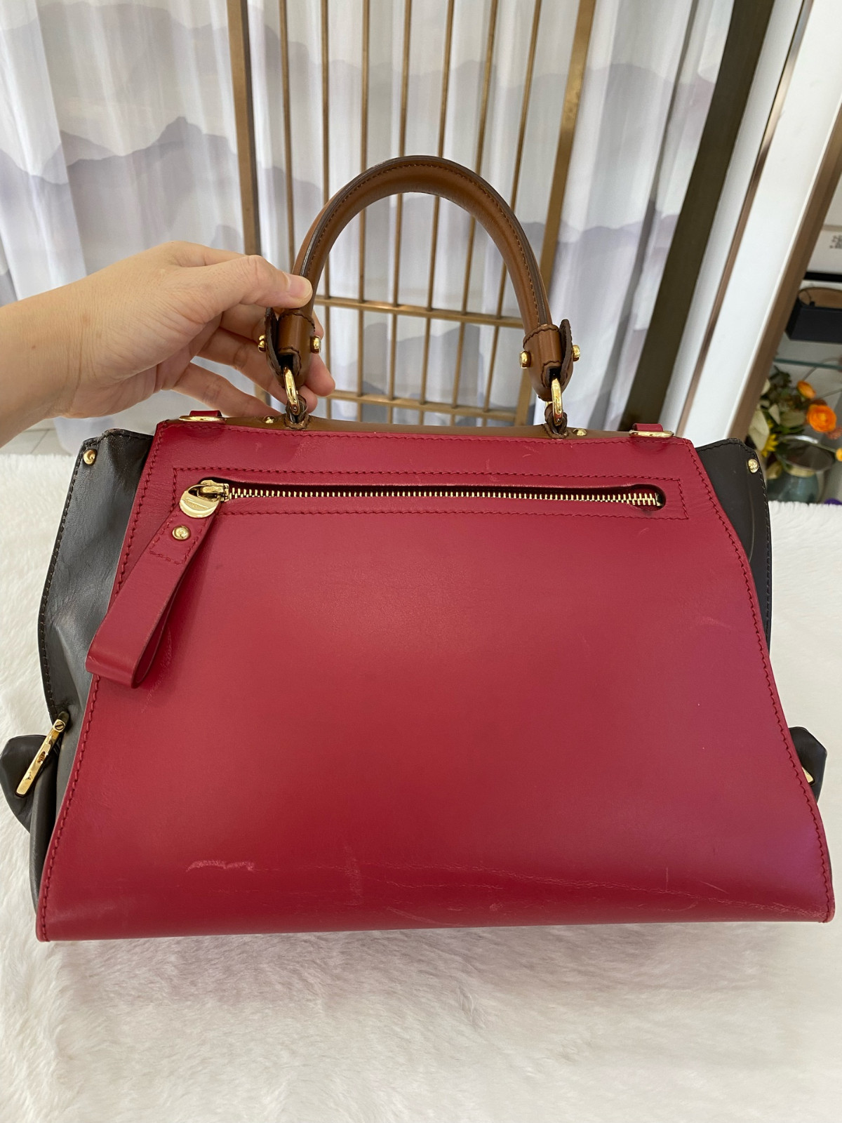 Authentic Salvatore Ferragamo Sofia Smooth Leather Top Handle Bag Brown, Red,