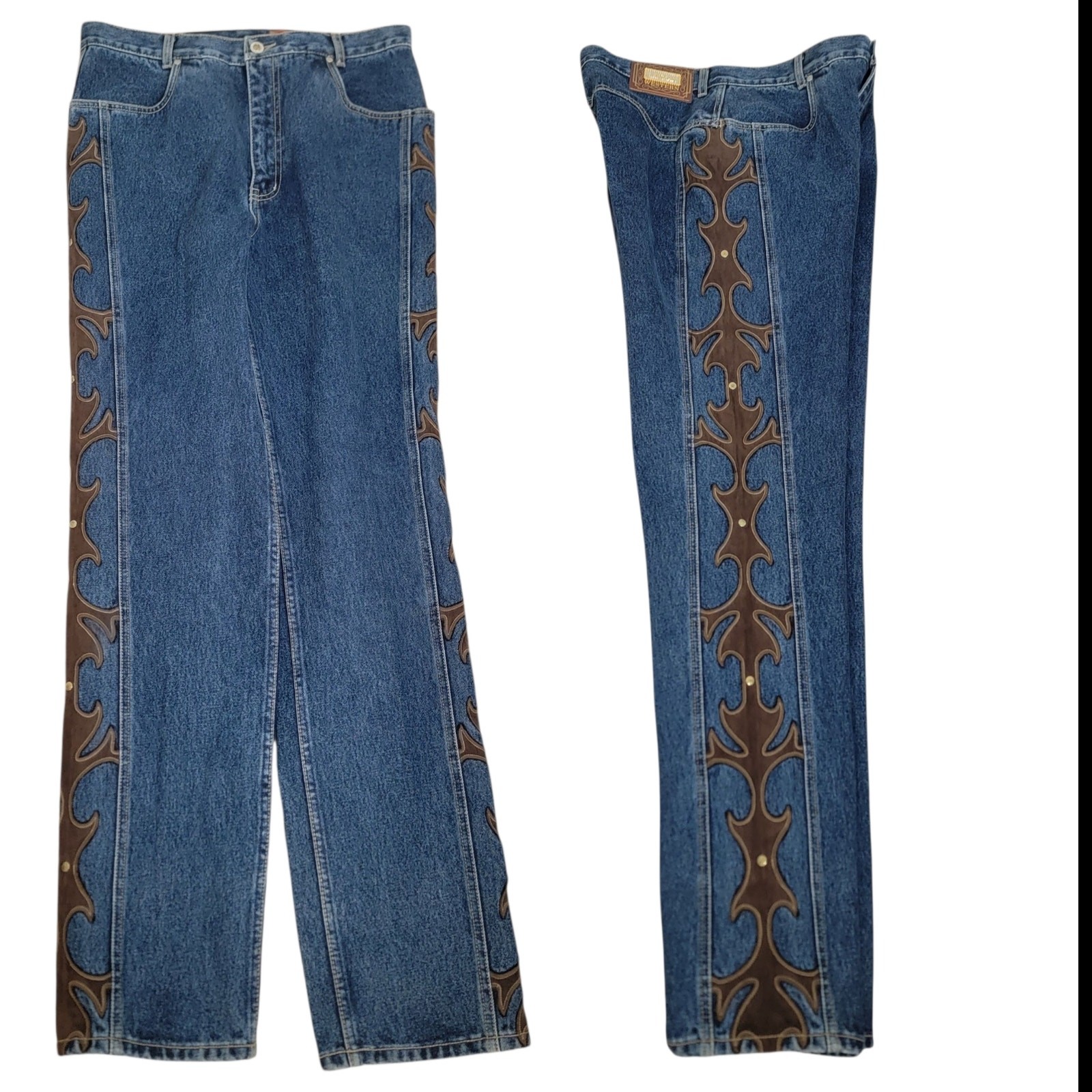 Vintage Lawman Jeans 32×33 Blue Western Leather Studded Pant Women Denim Tall