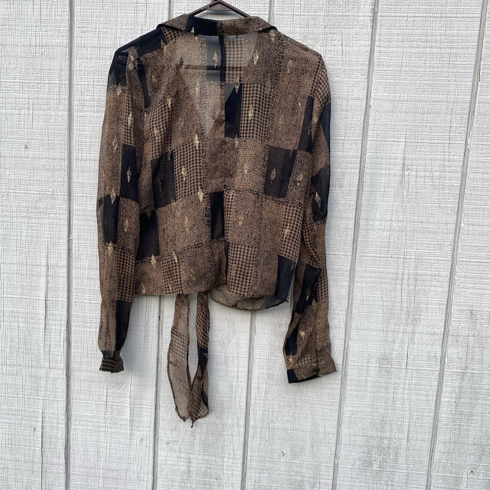Mystree Brown Black Gold Anthro Blouse Tie Front Longsleeved Semi Sheer Medium