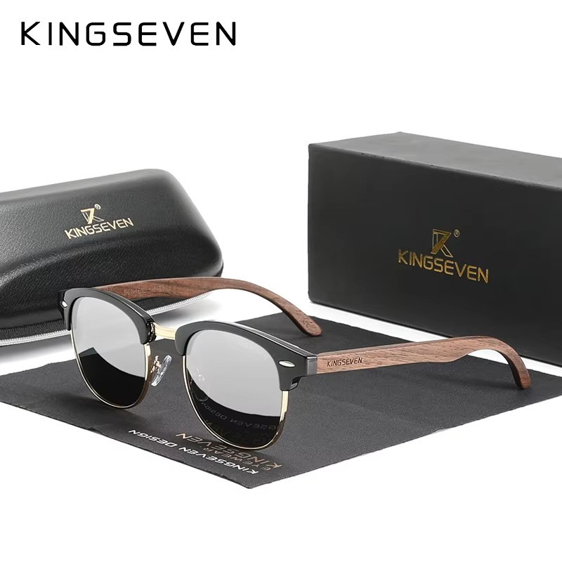 KINGSEVEN Polarized Walnut Wood Sunglasses UV400 Round Frame Men Women