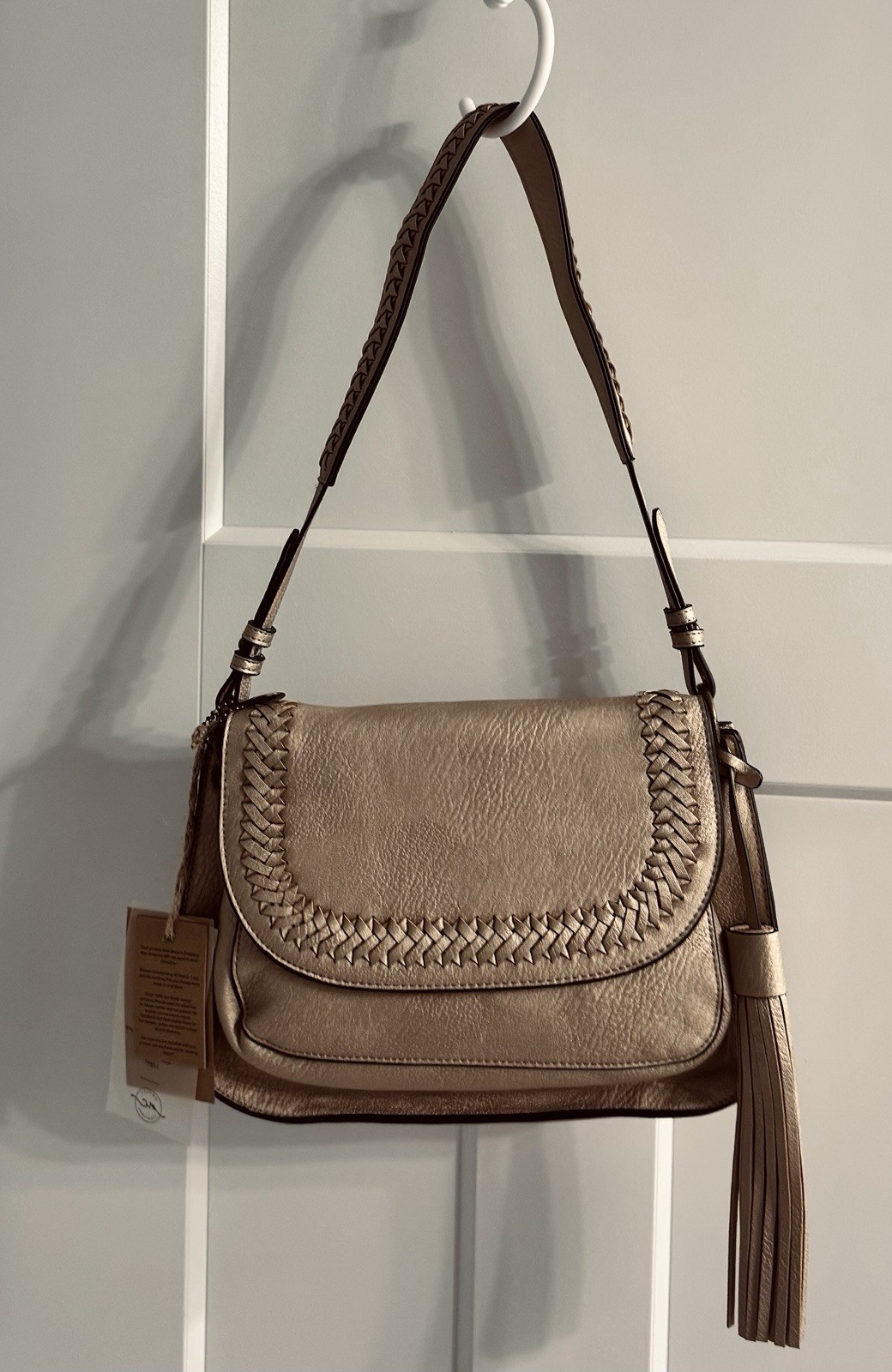 Ampere Creations Beige Saddle Satchel Geometric Magnetic Zip Tassel Strap