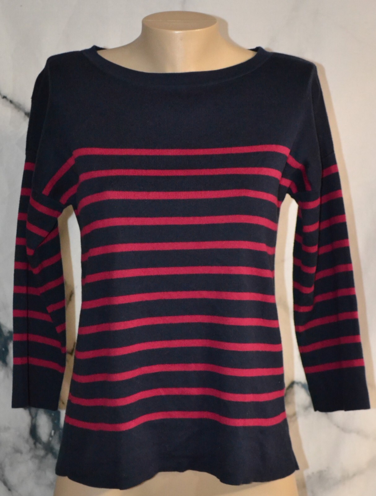 WHITE + WARREN Dark Blue Magenta Striped Lightweight Sweater Medium 3/4 Sleeves