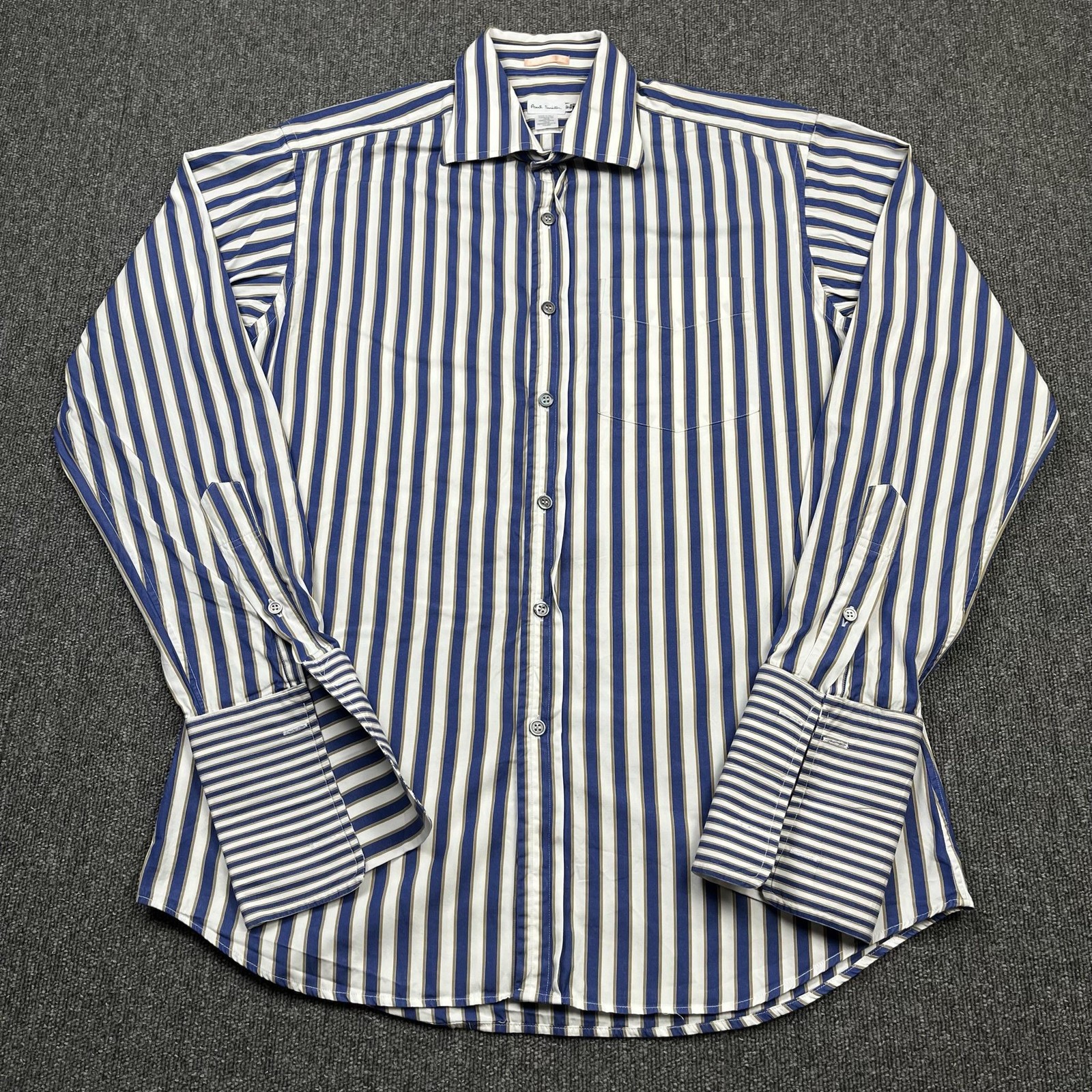 Paul Smith Shirt Mens 16 Blue Stripe Double Cuff 100% Cotton Made In Italy Smart